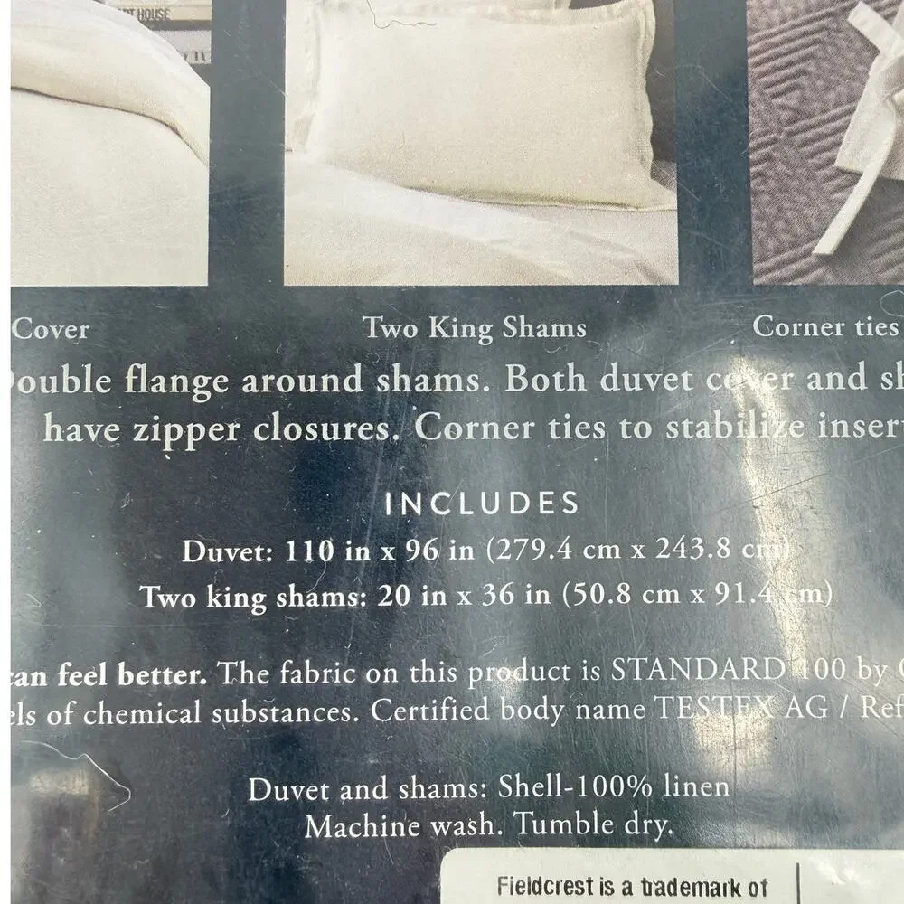 Fieldcrest 100% Linen King Duvet Cover & 2 King Shams Sour Cream White NEW